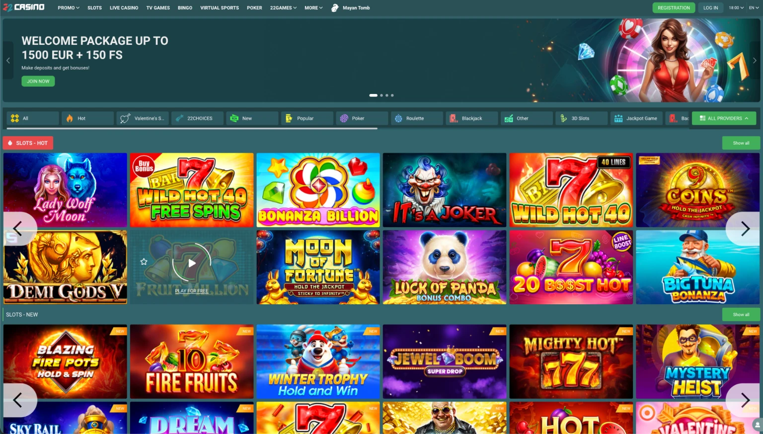 22Casino homepage com bónus