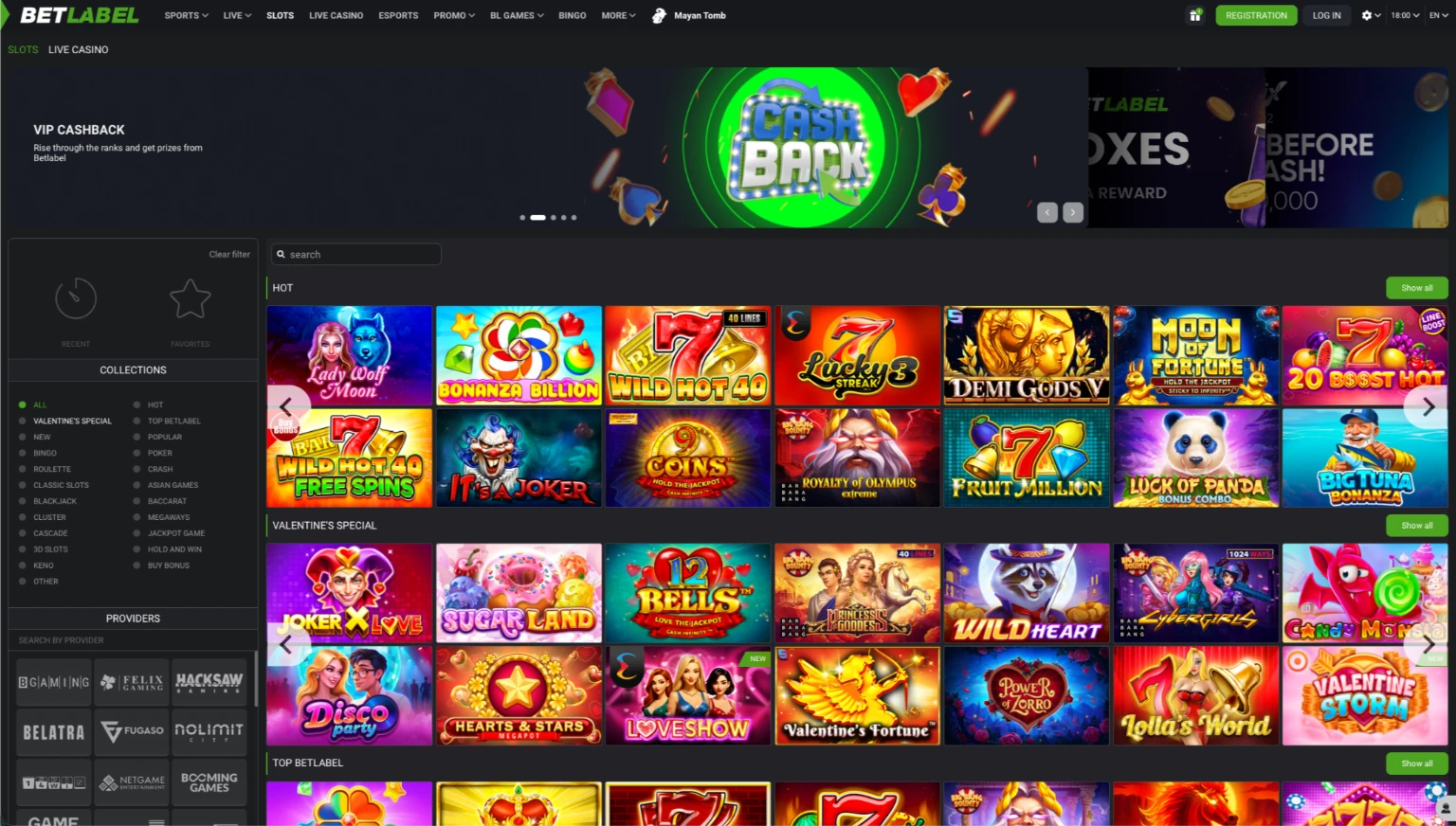 Betlabel casino online interface