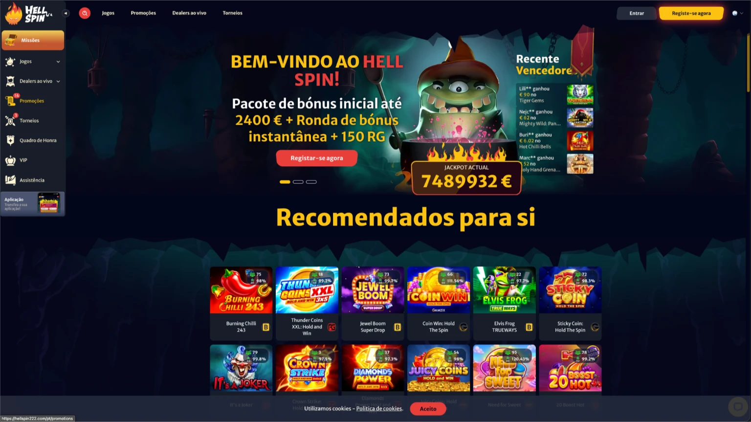 Hellspin casino online homepage com promoção inicial e seleção de slots populares