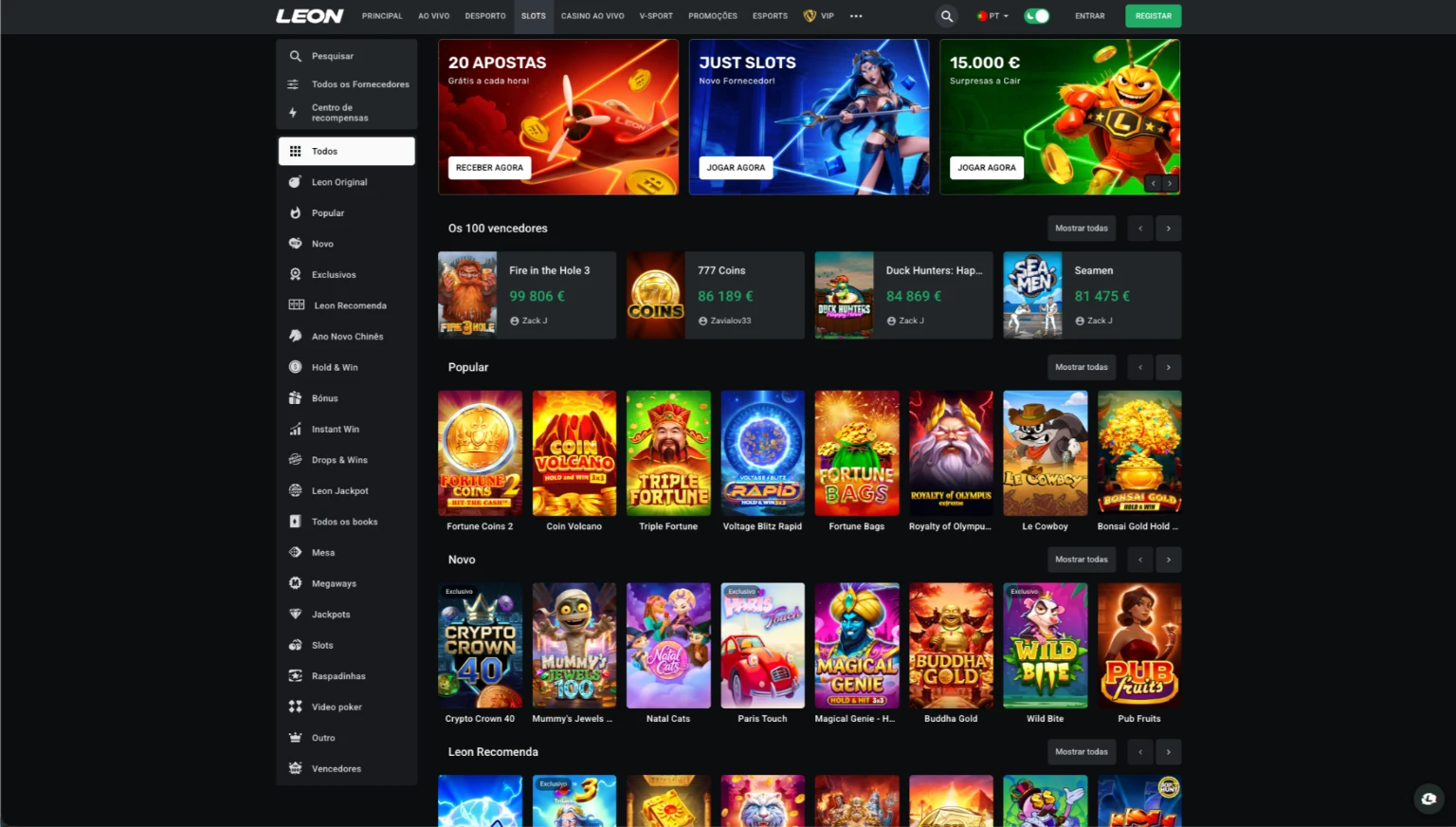 Leon Casino lobby principal com slots online