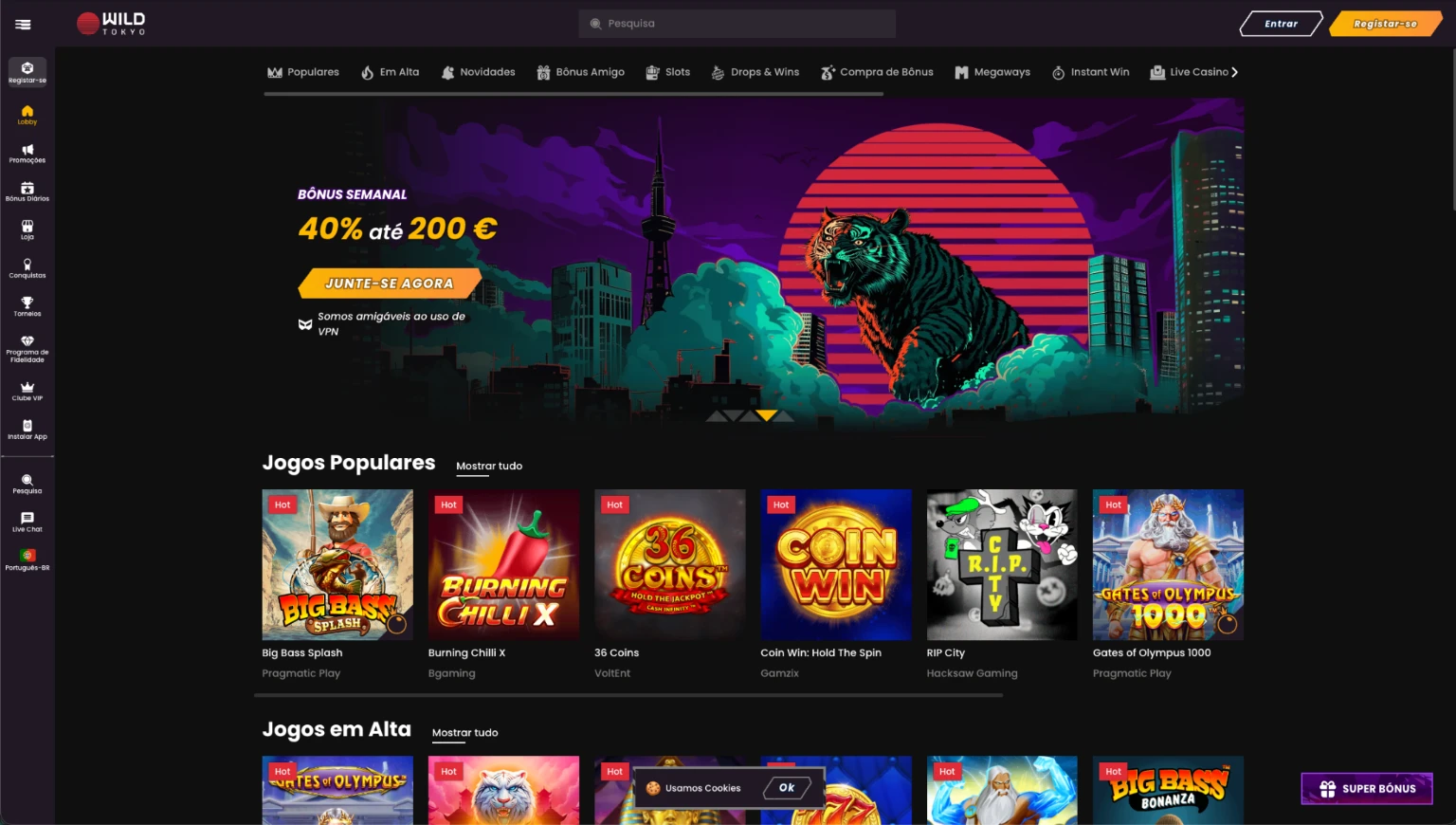 Wild Tokyo casino online lobby com design temático e bónus de boas-vindas