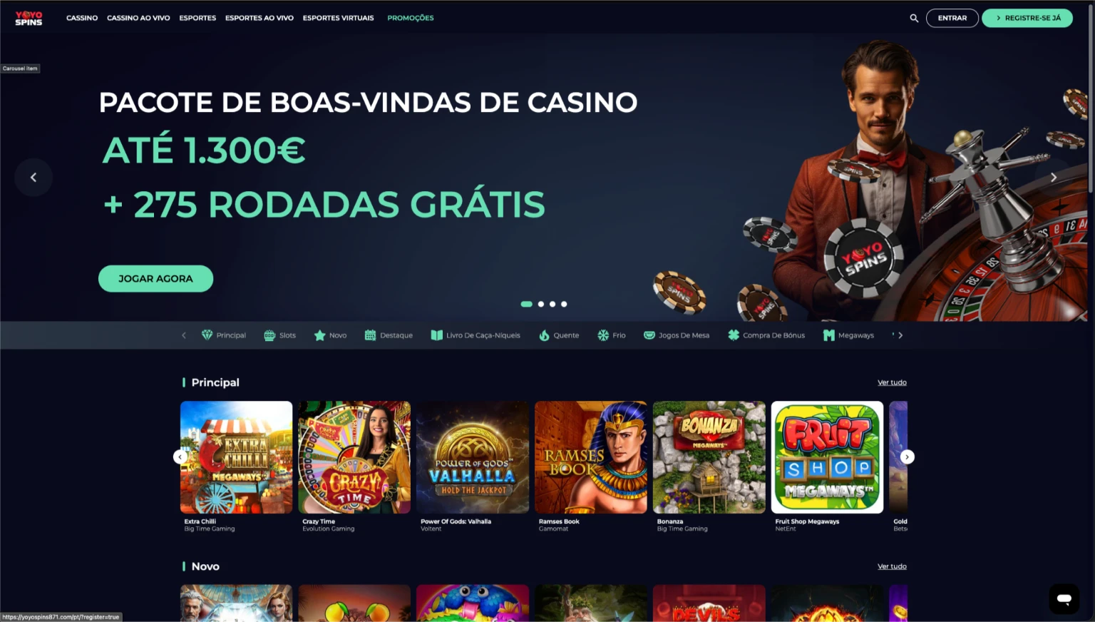 Yoyo Spins casino online homepage com oferta
